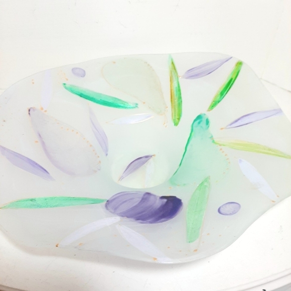 Handpainted Satin Abstract Glass Art Consle Bowl with Green and Purple Accents - Picture 6 of 6